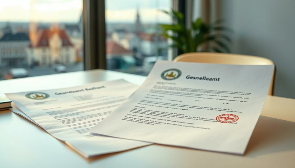 A high-resolution, photorealistic image of official business documents related to German Gewerbeamt (trade office) regulations. The documents are arranged on a clean, minimalist desk with a warm, natural lighting from a window. The papers have a crisp, professional appearance with official seals, stamps, and text in German. In the background, a blurred cityscape of Rosenheim is visible through the window, conveying the local context. The overall mood is one of administrative authority, attention to detail, and bureaucratic efficiency.