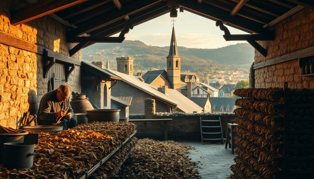 A historical tobacco processing facility nestled in a quaint European village. The foreground features skilled artisans meticulously tending to the drying and fermenting of tobacco leaves, their hands and tools capturing the time-honored craft. The middle ground showcases the traditional tobacco drying racks, casting warm shadows across the rustic wooden beams and stone walls. In the background, a picturesque village scene unfolds, with church steeples and charming architecture set against a soft, golden-hued sky. The scene conveys a sense of timelessness, evoking the rich heritage and origins of snus production.