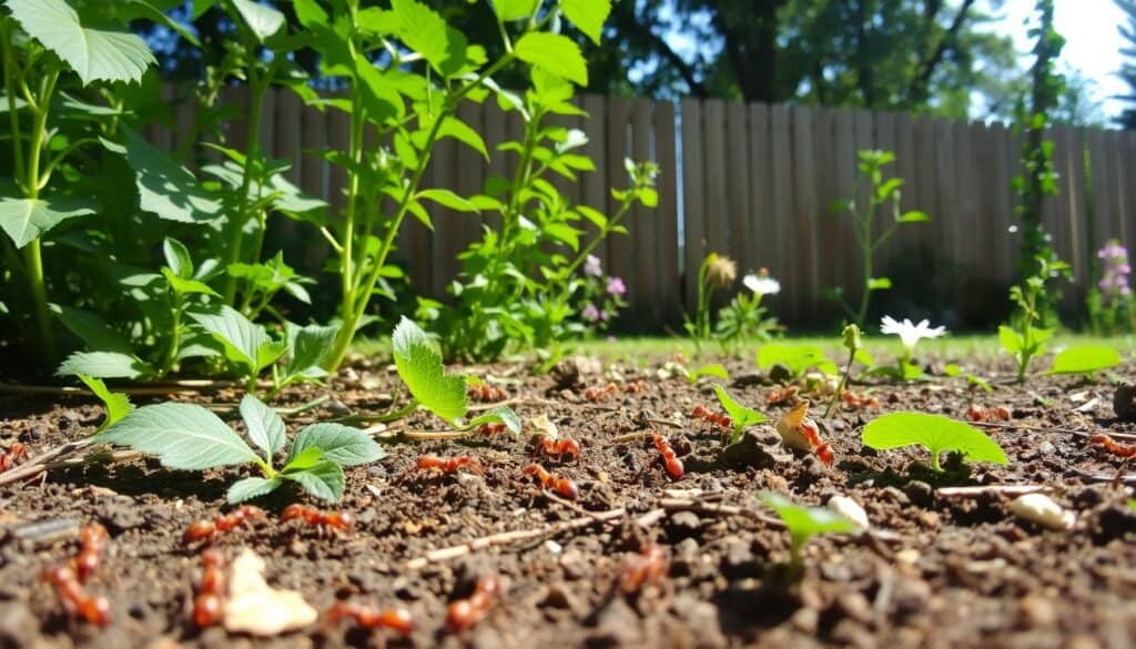 A lush garden scene, captured with a wide-angle lens and natural lighting. In the foreground, a colony of industrious ants scurrying along the soil, carrying crumbs and twigs back to their nest. The middle ground showcases the verdant foliage of plants and flowers, their leaves gently swaying in a light breeze. In the background, a wooden fence and the dappled shadows of trees create a sense of depth and tranquility. The overall tone is one of quiet observation, inviting the viewer to contemplate the intricate workings of the ant community and their role within the garden ecosystem. A lush garden scene, captured with a wide-angle lens and natural lighting. In the foreground, a colony of industrious ants scurrying along the soil, carrying crumbs and twigs back to their nest. The middle ground showcases the verdant foliage of plants and flowers, their leaves gently swaying in a light breeze. In the background, a wooden fence and the dappled shadows of trees create a sense of depth and tranquility. The overall tone is one of quiet observation, inviting the viewer to contemplate the intricate workings of the ant community and their role within the garden ecosystem.