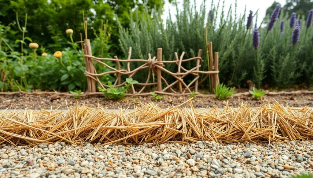 A lush garden setting with a variety of natural barriers and physical deterrents against garden snails. In the foreground, a row of tightly-packed straw mulch and gravel forms an effective barrier. In the middle ground, a low fence of interlocked twigs and wooden boards stands sentinel, creating a physical obstacle. Behind it, a dense border of thorny plants like rosemary and lavender, their fragrant foliage and sharp spines discouraging snail intrusion. The scene is bathed in soft, diffused natural lighting, conveying a serene, earth-toned palette. The overall mood is one of a well-protected, harmonious garden ecosystem. A lush garden setting with a variety of natural barriers and physical deterrents against garden snails. In the foreground, a row of tightly-packed straw mulch and gravel forms an effective barrier. In the middle ground, a low fence of interlocked twigs and wooden boards stands sentinel, creating a physical obstacle. Behind it, a dense border of thorny plants like rosemary and lavender, their fragrant foliage and sharp spines discouraging snail intrusion. The scene is bathed in soft, diffused natural lighting, conveying a serene, earth-toned palette. The overall mood is one of a well-protected, harmonious garden ecosystem.