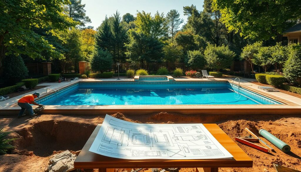 A lush, sun-dappled backyard oasis, with a crystal-clear, rectangular in-ground pool taking center stage. The pool's sleek, tiled edges and pristine blue waters invite relaxation and summer fun. In the foreground, workers carefully excavate the site, their tools and machinery creating an orderly, construction-site atmosphere. The middle ground features a detailed blueprint, unrolled on a workbench, guiding the pool's intricate design. Surrounding the scene, verdant trees and shrubs create a natural, serene backdrop, complemented by a warm, golden lighting that casts gentle shadows. The overall composition captures the step-by-step process of building a custom, high-quality garden pool, conveying a sense of progress, craftsmanship, and the joyful anticipation of a new outdoor oasis.