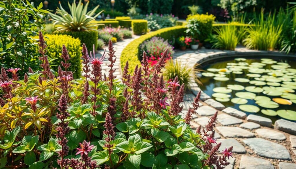 A lush, well-planned garden oasis, brimming with vibrant flora and strategically placed features to deter pesky garden snails. In the foreground, a carefully curated selection of snail-resistant plants, their leaves and petals rustling gently in a soft breeze. The middle ground showcases a meandering stone pathway, flanked by neatly trimmed hedges and aromatic herbs. In the background, a tranquil pond reflects the dappled sunlight, its surface dotted with floating lily pads. The scene exudes a sense of peaceful coexistence, where thoughtful garden design and plant selection create an environment inhospitable to unwanted snail visitors. Captured with a wide-angle lens, the image conveys a harmonious balance between form and function, showcasing effective preventative measures against garden pests. A lush, well-planned garden oasis, brimming with vibrant flora and strategically placed features to deter pesky garden snails. In the foreground, a carefully curated selection of snail-resistant plants, their leaves and petals rustling gently in a soft breeze. The middle ground showcases a meandering stone pathway, flanked by neatly trimmed hedges and aromatic herbs. In the background, a tranquil pond reflects the dappled sunlight, its surface dotted with floating lily pads. The scene exudes a sense of peaceful coexistence, where thoughtful garden design and plant selection create an environment inhospitable to unwanted snail visitors. Captured with a wide-angle lens, the image conveys a harmonious balance between form and function, showcasing effective preventative measures against garden pests.