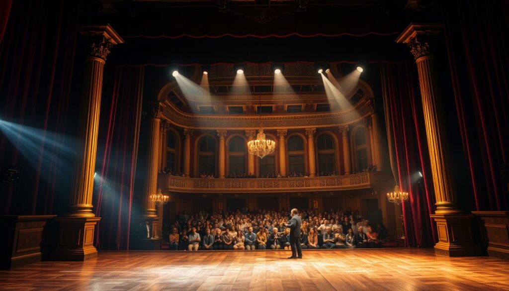 A mesmerizing stage set for a magical Zauberkunst performance in Heilbronn. In the foreground, a grand wooden stage adorned with gilded columns and plush velvet curtains. Spotlights bathe the scene in a warm, theatrical glow, casting dramatic shadows. In the middle ground, a gathered audience watches in awe, their faces filled with wonder. The background reveals an ornate concert hall, its high ceilings and elegant balconies hinting at the grandeur of the event. An air of anticipation and mystery permeates the scene, as the audience eagerly awaits the illusionist's spellbinding display of Zauberkunst.