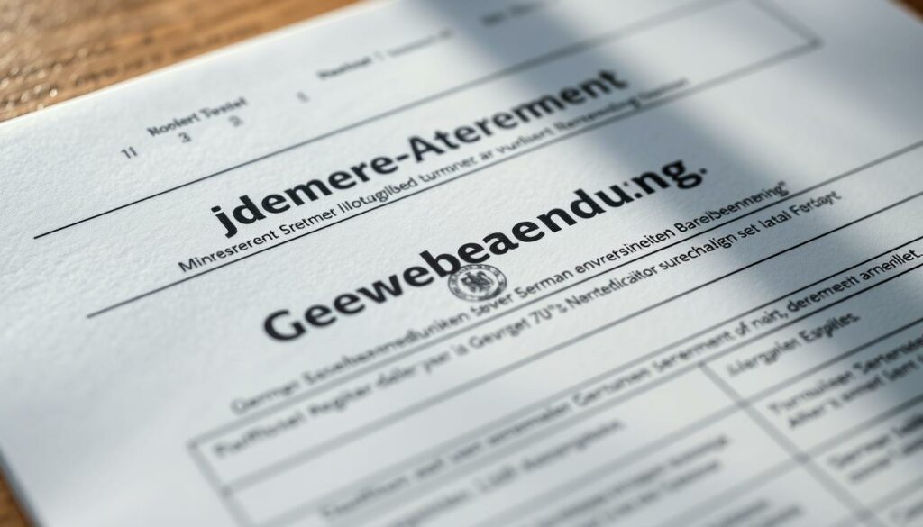 A meticulously detailed close-up of the official German "Gewerbeanmeldung" form, showcasing its intricate layout and official government branding. The form is positioned in the center of the frame, illuminated by soft, directional lighting that highlights its textured surface and crisp typography. The background is subtly blurred, drawing the viewer's focus to the form's official seal, fields, and instructions. The overall mood is one of professionalism and authority, reflecting the gravity of the business registration process. The image conveys a sense of precision and attention to detail, perfectly suited to illustrate the "Schritt-für-Schritt-Anleitung zur Gewerbeanmeldung".