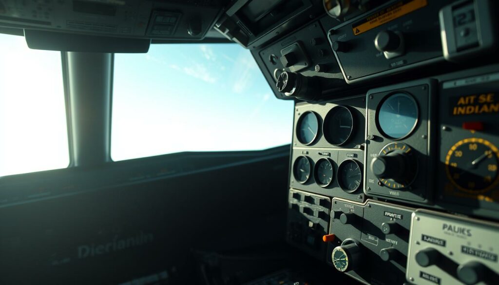A meticulously detailed close-up view of the cockpit control panel of an Air India aircraft, illuminated by soft, natural lighting filtering through the windshield. The switches, knobs, and dials are captured in high fidelity, showcasing their intricate design and functionality. The scene conveys a sense of quiet contemplation, as if the viewer is examining the equipment in search of clues about a tragic accident. The crisp, photorealistic rendering emphasizes the technical aspects of the cockpit controls, inviting the observer to scrutinize the potential causes of the disaster.
