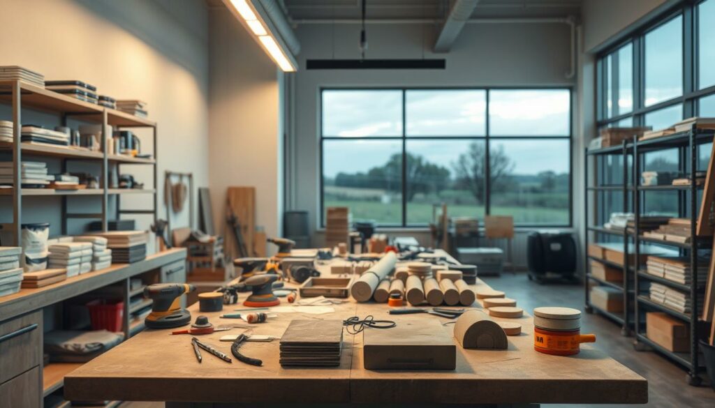 A meticulously planned workshop scene, with a central workbench featuring various tools and materials for sanding and grinding construction materials. Soft, diffused lighting from overhead illuminates the scene, casting gentle shadows and highlights. In the background, shelves display neatly organized consumables and finished products, while large windows provide a view of a serene outdoor landscape, hinting at the wider context of the project. The overall atmosphere conveys a sense of order, efficiency, and a well-thought-out approach to the "Zeitplanung für Schleifarbeiten" (scheduling of grinding work) required for the "Schleifen von Armierungsmörtel" (grinding of reinforcement mortar) process.