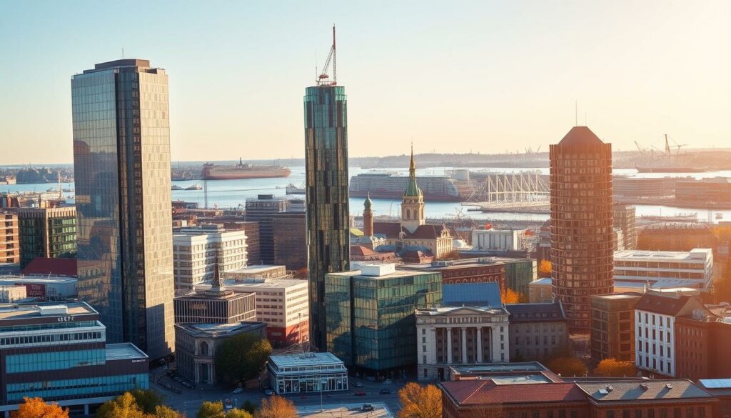 A modern cityscape of Rostock, a thriving economic hub in Northern Germany. In the foreground, towering glass-and-steel office buildings and bustling commercial districts convey a sense of prosperity and progress. The middle ground features a mix of historic architecture and contemporary developments, reflecting the city's blend of tradition and innovation. In the background, the iconic silhouette of the Hanseatic city's harbor and maritime infrastructure hints at its strategic location and commercial importance. Warm, golden sunlight bathes the scene, creating a vibrant, energetic atmosphere that showcases Rostock as an attractive, business-friendly environment.