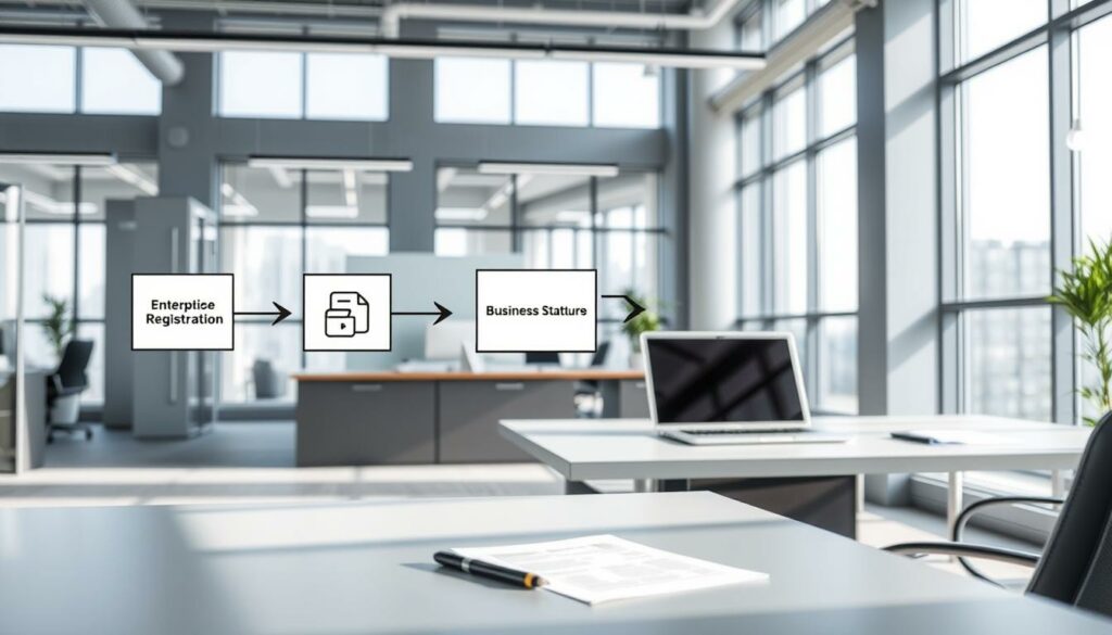 A modern, clean-lined office interior with a focus on the workflow process. In the foreground, a simplified flowchart diagram illustrates the steps of a business registration process, represented by minimalist icons and arrows. The middle ground showcases a desk with a laptop, pen, and papers, conveying the administrative tasks involved. The background features large windows flooding the space with natural light, creating an airy, professional ambiance. Muted color tones of greys, blues, and whites predominate, complemented by sleek, contemporary furniture. The overall impression is one of efficiency, organization, and a streamlined approach to enterprise bureaucracy.