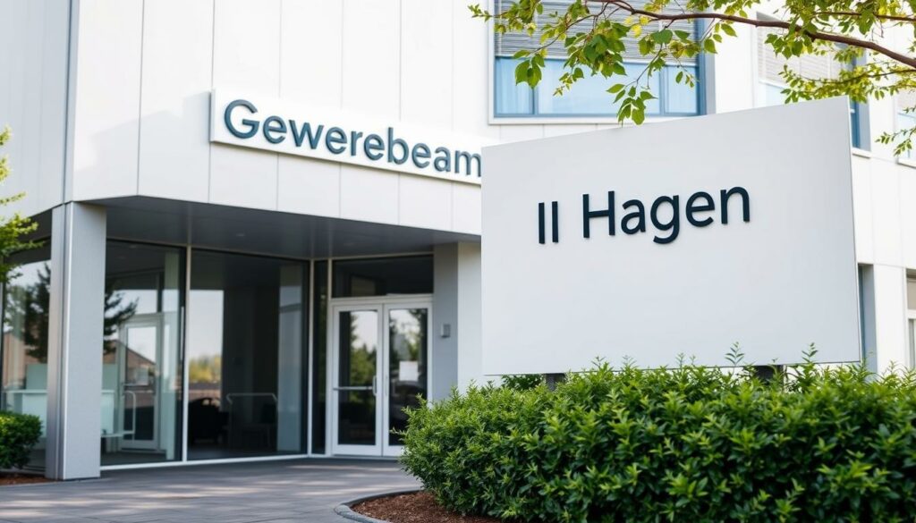 A modern, professional-looking office building with a prominent signage displaying "Gewerbeamt Hagen" in a clean, sans-serif font. The structure has a sleek, minimalist facade with large windows, a recessed entryway, and a subtle use of neutral colors like gray, white, and glass. The surroundings feature neatly landscaped greenery, perhaps a small garden or paved walkway leading to the entrance. The lighting is bright and natural, creating a welcoming, approachable atmosphere. The overall composition conveys a sense of efficiency, accessibility, and civic pride for the local business authority.