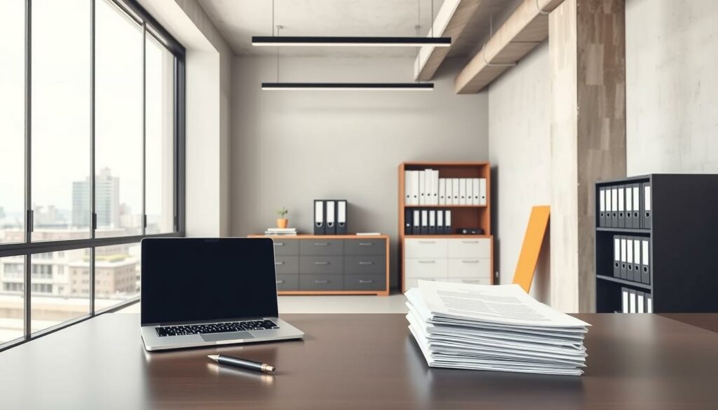 A modern, sleek office interior with a clean, minimalist design. In the foreground, a desk with a laptop, a pen, and a neatly arranged stack of documents, all framed by a large window overlooking the cityscape of Hagen. The middle ground features a filing cabinet and a bookshelf with organized folders and binders. The background showcases a neutral-toned, well-lit room with subtle industrial elements, such as exposed ceiling beams and concrete walls, creating a professional, business-like atmosphere. The overall mood is one of efficiency, organization, and attention to detail, reflecting the process of deregistering a business in Hagen.