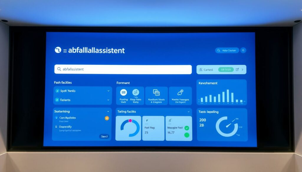 A modern user interface with a clean, minimalist design showcasing the "Abfallassistent LUIS-BB" search surface. The interface features a prominent search bar, intuitive navigation buttons, and a sleek dashboard displaying key information. The layout is balanced, with ample white space and a soothing color palette of blues and grays, creating a calm and efficient atmosphere. The overall impression is one of a user-friendly, comprehensive waste management tool, empowering citizens to easily find and access local disposal facilities. Soft, diffused lighting illuminates the screen, lending a professional and trustworthy ambiance to the scene.