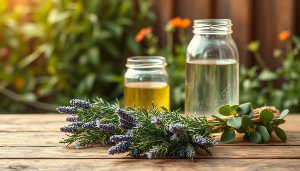 A natural fly repellent scene, featuring a rustic wooden table with an assortment of fresh herbs and botanicals. In the foreground, a bundle of fragrant lavender, rosemary, and citronella. Midground, a glass jar filled with a natural insect-deterring solution, its label obscured. In the background, a lush, verdant garden with swaying foliage, hinting at the abundance of nature's defenses against pests. Warm, diffused lighting casts a gentle glow, creating an inviting, organic atmosphere. The overall composition evokes a sense of simplicity, tranquility, and the power of natural remedies to tackle the household fly problem. A natural fly repellent scene, featuring a rustic wooden table with an assortment of fresh herbs and botanicals. In the foreground, a bundle of fragrant lavender, rosemary, and citronella. Midground, a glass jar filled with a natural insect-deterring solution, its label obscured. In the background, a lush, verdant garden with swaying foliage, hinting at the abundance of nature's defenses against pests. Warm, diffused lighting casts a gentle glow, creating an inviting, organic atmosphere. The overall composition evokes a sense of simplicity, tranquility, and the power of natural remedies to tackle the household fly problem.