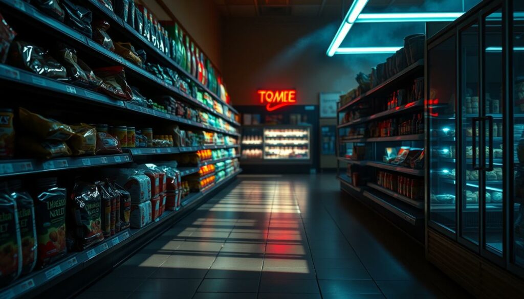 A neon-lit grocery store aisle, shelves stocked with a variety of packaged food items. The lighting casts an eerie, unsettling glow, hinting at potential quality and safety concerns. In the foreground, a row of expired, damaged, or questionable-looking products stands out, casting long shadows across the linoleum floor. The middle ground features a mix of well-stocked, seemingly pristine shelves and a few items with damaged or unclear labeling. The background fades into a hazy, blurred environment, creating a sense of unease and uncertainty. The overall scene conveys a discordant atmosphere, raising questions about the integrity of the food supply and the measures taken to ensure consumer safety.