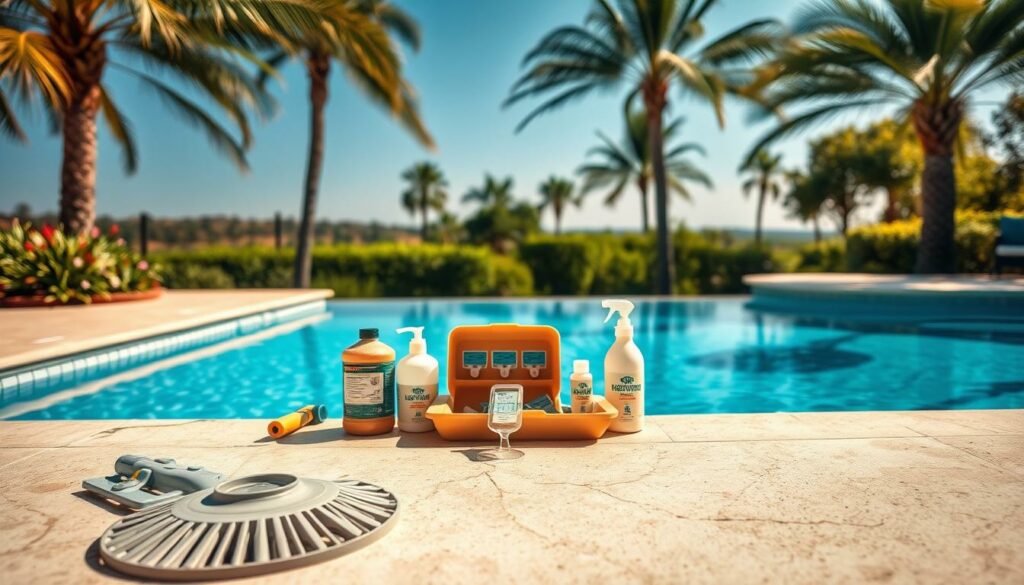 A pristine, crystal-clear swimming pool nestled amidst a lush, manicured garden. In the foreground, a pool skimmer and cleaning tools lie neatly arranged, hinting at the meticulous maintenance required. The middle ground showcases a well-maintained pool deck, with a chemical testing kit and a supply of pool treatment products. In the background, a serene landscape of swaying trees and a clear, azure sky, creating a tranquil, resort-like atmosphere. The scene is illuminated by warm, natural sunlight, casting soft shadows and highlighting the pool's shimmering surface. The overall impression conveys the importance of diligent pool care and the rewarding tranquility it can bring to a backyard oasis.
