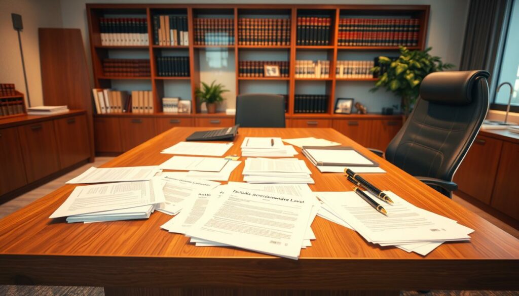 A pristine office setting with a large wooden desk and an ergonomic chair. On the desk, various legal documents and forms are neatly organized, representing the "Rechtliche Voraussetzungen Gewerbeanmeldung" (Legal Requirements for Business Registration). The lighting is warm and inviting, creating a professional atmosphere. In the background, a bookshelf filled with legal volumes and a potted plant add a touch of sophistication. The scene conveys a sense of order, attention to detail, and the importance of understanding the legal prerequisites for starting a new business.