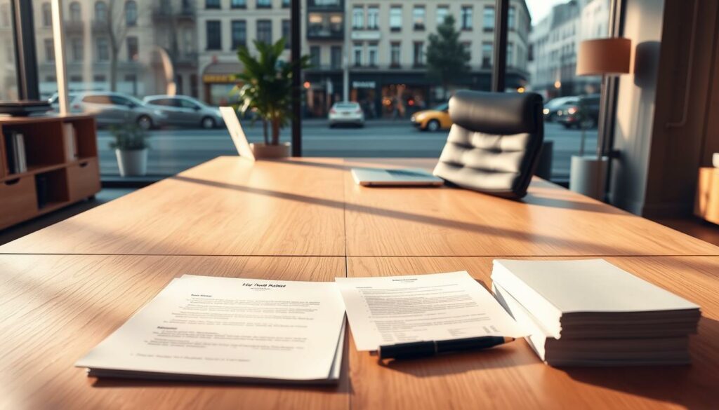 A pristine, well-organized office interior with a large desk, comfortable chair, and a neat stack of papers. Warm, directional lighting illuminates the scene, casting subtle shadows and highlighting the textures of the wooden surfaces. In the foreground, a laptop and a few office supplies sit neatly arranged, conveying a sense of professionalism and efficiency. The background features a large window overlooking a bustling city street, providing a calming, urban atmosphere. The overall mood is one of focus, productivity, and a methodical approach to the step-by-step process of business registration in Magdeburg.