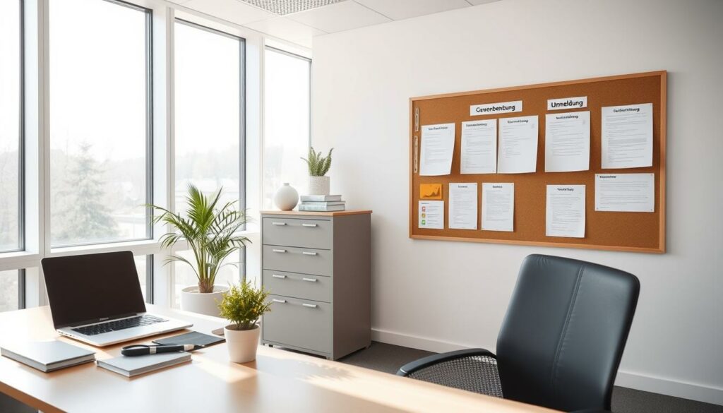 A serene, modern office interior with clean lines and minimalist design. The foreground features a neatly organized desk with a laptop, stationery, and a potted plant. The middle ground showcases a filing cabinet and a bulletin board displaying various documents and forms, including "Gewerbeabmeldung" and "Ummeldung". The background is dominated by large windows, allowing natural light to flood the space and creating a bright, airy atmosphere. The overall mood is professional yet calming, reflecting the administrative tasks associated with the subject matter.