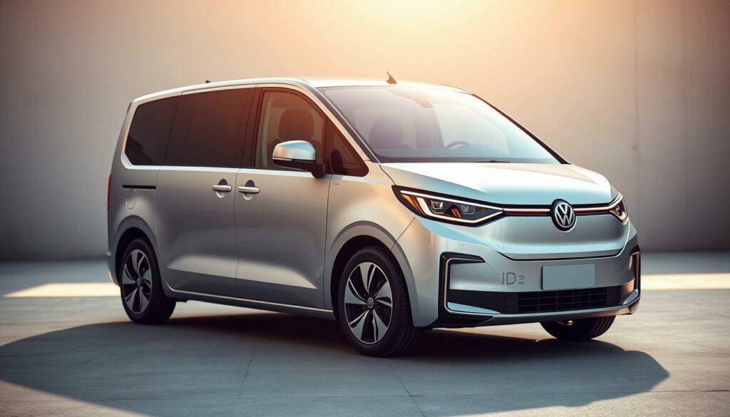 A sleek, modern VW ID.Buzz electric van sits prominently in the foreground, its silver exterior gleaming under a warm, natural lighting. The vehicle is framed against a neutral, blurred background, allowing the focus to remain on the car. The scene conveys a sense of quality, safety, and innovation, hinting at the technical details and engineering prowess behind the vehicle. The overall mood is one of precision, sophistication, and a touch of futurism, reflecting the high-tech nature of the ID.Buzz model. The composition and camera angle create an engaging, dynamic visual that effectively illustrates the "VW stoppt Lieferung ID.Buzz" section of the article.