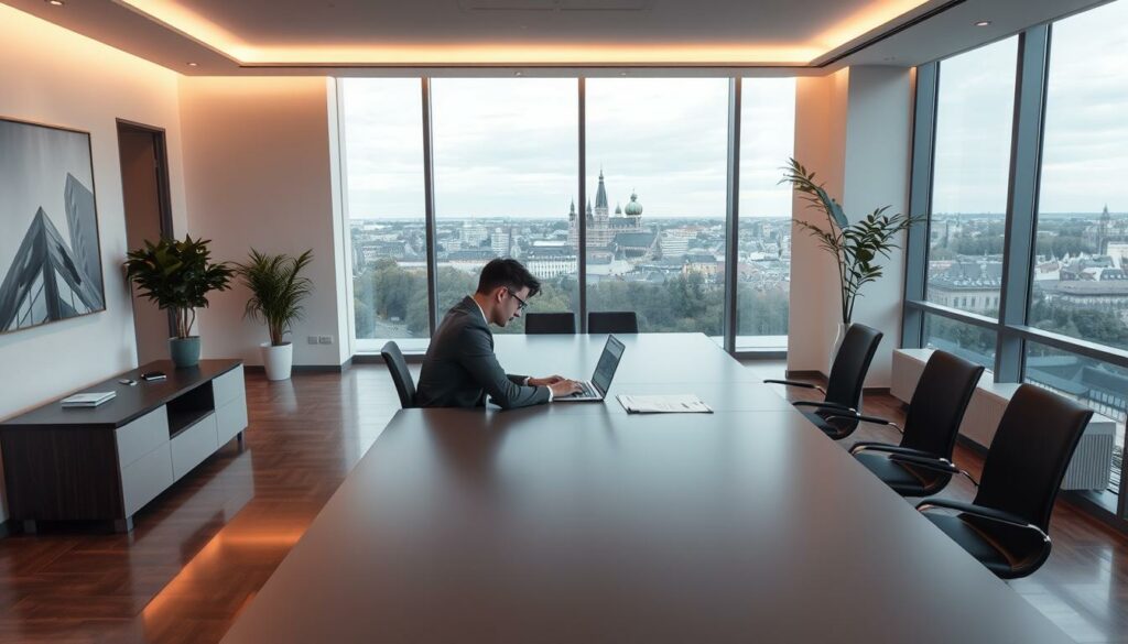 A sleek, modern office interior with a large desk prominently displaying a laptop and documents. The walls are adorned with minimalist artwork and a large window offers a scenic view of the Dresden cityscape. Warm, diffuse lighting illuminates the space, creating a professional yet inviting atmosphere. In the foreground, a businessperson is seated at the desk, focused on the online form for a business registration. The scene conveys the efficiency and convenience of the online business registration process in Dresden.