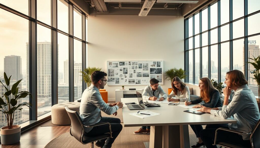 A spacious, well-lit office interior with floor-to-ceiling windows overlooking a vibrant cityscape. In the foreground, a team of designers engaged in lively discussion around a sleek conference table, sketching ideas and exchanging thoughts. In the middle ground, a series of inspiration boards and mood walls showcasing a diverse range of design projects, from sleek product designs to imaginative architectural renderings. The background features a blend of modern furnishings, cutting-edge technology, and creative workspace elements that embody the dynamic nature of the design profession. Warm, diffused lighting and a sense of collaborative energy pervade the scene, conveying the boundless career opportunities and rewarding challenges inherent in the world of design.