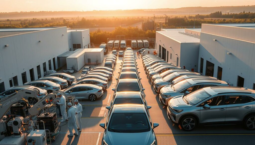 A sprawling industrial complex of Produktionswerk Hannover-Stöcken, where the VW ID.Buzz electric vehicles are manufactured. The modern, minimalist factory buildings are bathed in warm, golden sunlight, casting long shadows across the sleek, gleaming vehicles being assembled on the production line. In the foreground, a team of skilled technicians in crisp white uniforms carefully inspect and test the vehicles, ensuring the highest quality standards. The mid-ground is filled with the hum of robotic arms and the rhythmic clanking of machinery, while the background reveals the lush, verdant landscape surrounding the facility, hinting at the eco-friendly ethos of the electric mobility strategy. The scene conveys a sense of efficiency, precision, and technological innovation, reflecting the pivotal role of this facility in the future of sustainable transportation.