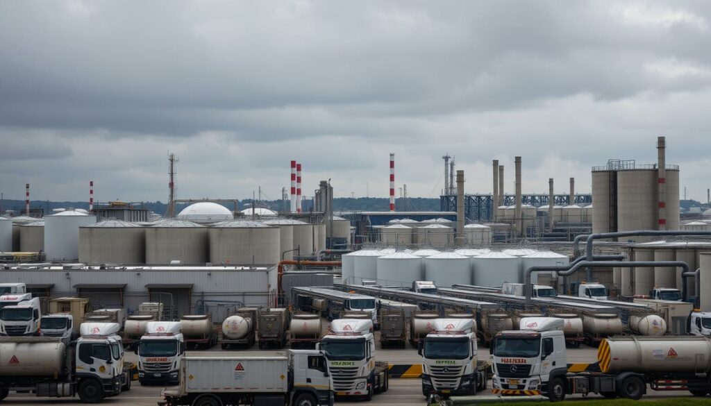 A sprawling industrial facility set against a moody, overcast sky. In the foreground, a fleet of heavy-duty trucks and machinery stand ready to transport and process hazardous waste materials. The middle ground reveals a series of reinforced concrete structures, their facades adorned with warning signs and safety markings. In the background, a network of pipes, tanks, and silos rise up, hinting at the complex systems required to properly manage and contain dangerous substances. The scene conveys a sense of careful, controlled management of environmental risks, with a palpable tension between the necessity of such operations and their inherent hazards.