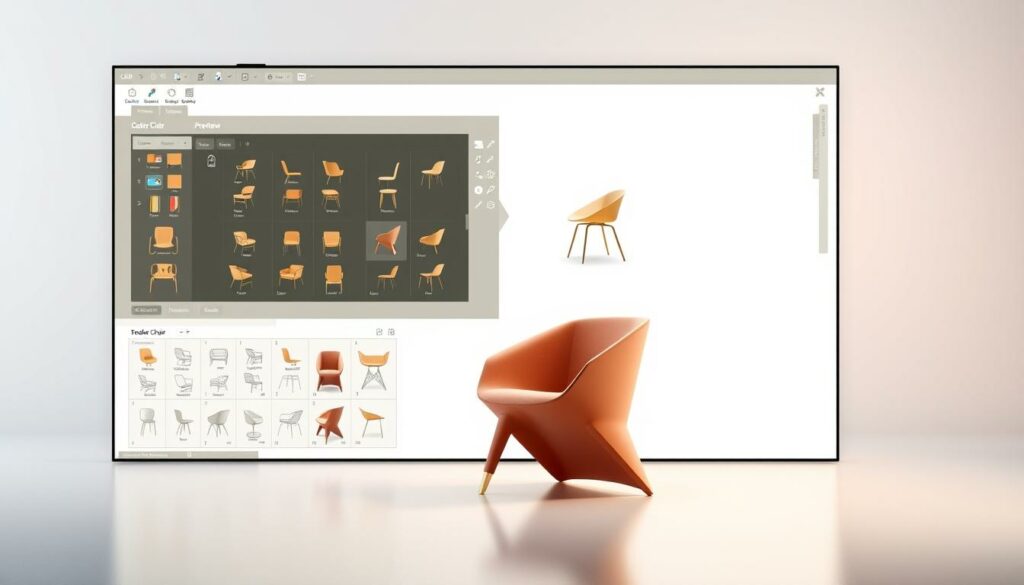 A state-of-the-art CAD software interface showcasing a sleek, minimalist design with clean lines and intuitive controls. The foreground features a 3D rendering of a modern, angular chair in a warm, muted color palette, surrounded by a grid of customizable design options. The middle ground displays a high-resolution preview of the chair model, allowing for detailed inspection from multiple angles. The background bathes the scene in a softly diffused light, emphasizing the precision and craftsmanship of the design process. The overall mood is one of professionalism, creativity, and technical mastery, perfectly suited to illustrate the core competencies of a space and object design career.