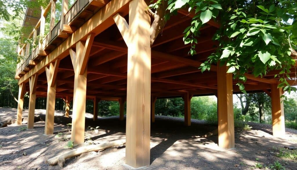 A sturdy, well-crafted wooden foundation supporting a lush, verdant garden. The beams and joists are meticulously arranged, exuding a sense of strength and stability. The wood has a warm, earthy tone, complemented by the rich soil and vibrant greenery surrounding it. Dappled sunlight filters through the foliage, casting gentle shadows and creating a serene, natural atmosphere. The foundation serves as the solid, reliable base for a harmonious garden oasis, seamlessly blending functionality and aesthetic appeal. The image conveys the importance of a strong, well-planned foundation for a successful gardening project.