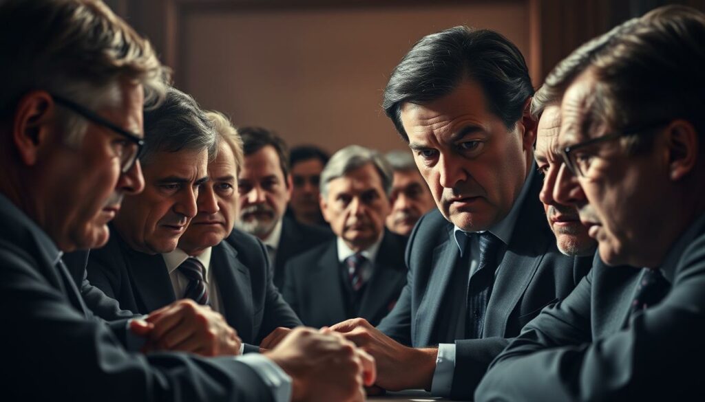 A tense and divisive meeting of the Chancellor's faction, with furrowed brows and factions emerging. Warm, dramatic lighting casts shadows across the faces of the gathered politicians, highlighting the internal strife and challenges they face. The foreground features a group of leaders engaged in heated debate, their body language conveying a sense of conflict and disunity. In the middle ground, other faction members observe the proceedings, their expressions ranging from concern to defiance. The background is shrouded in a sense of uncertainty, suggesting the broader political turmoil surrounding the Chancellor's faction. The overall mood is one of unease and growing division, capturing the essence of the "Kanzler-Fraktion Spaltung" and the challenges it faces.