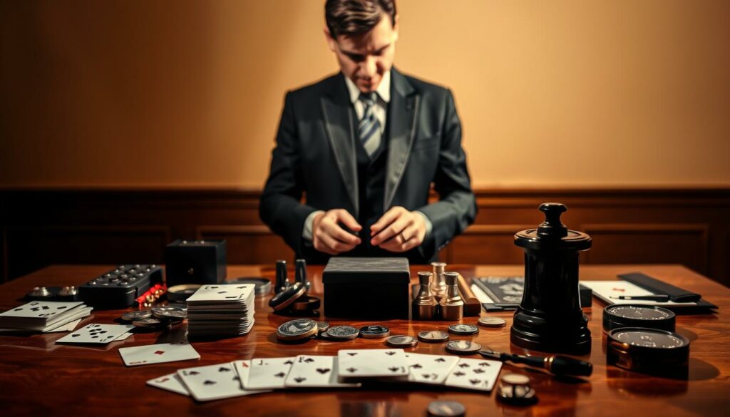 A tranquil scene of a thoughtful magician meticulously selecting his tools of the trade. In the foreground, an array of playing cards, coins, and other magical paraphernalia are laid out with care, casting intriguing shadows on the polished wooden table. The magician, dressed in a sharp suit and tie, stands in the middle ground, contemplating his choices with a pensive expression, his hands poised to pick the perfect implements for his upcoming performance. The background is softly blurred, drawing the viewer's eye to the focal point - the deliberate process of a skilled illusionist preparing for his craft. Warm, directional lighting creates a sense of drama and anticipation, as if the moment before the magic is about to unfold.