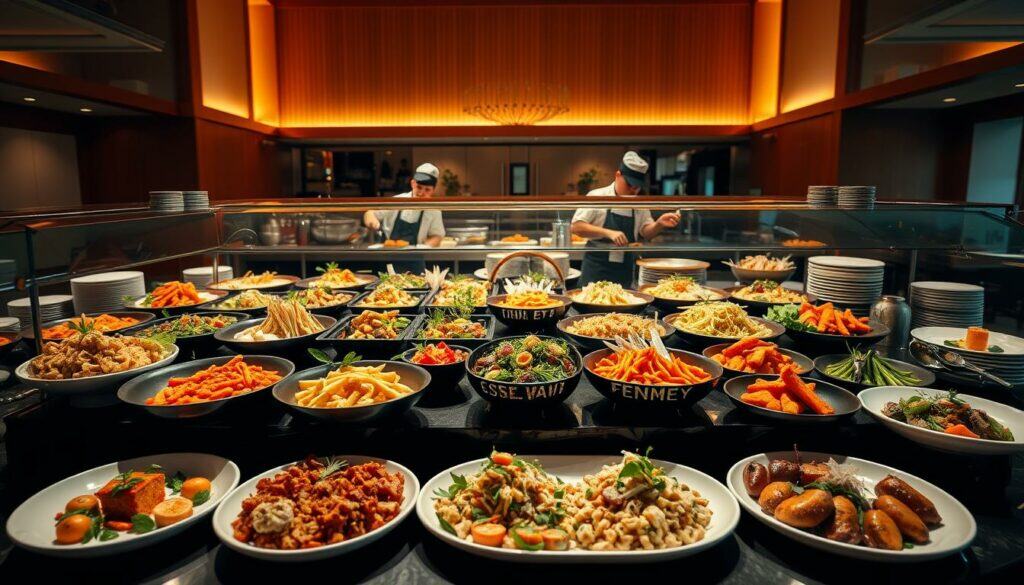 A visually captivating buffet layout showcasing an array of culinary delights. The foreground features an elegant display of meticulously arranged dishes, each reflecting the unique preferences and dietary needs of discerning guests. In the middle ground, a team of skilled chefs attentively curate and replenish the selection, ensuring a seamless dining experience. The background is adorned with warm, ambient lighting that creates a inviting and sophisticated atmosphere, complemented by the use of natural textures and materials that evoke a sense of refined simplicity. The overall composition conveys a harmonious balance of customization, quality, and attention to detail - the hallmarks of an exceptional business catering experience. A visually captivating buffet layout showcasing an array of culinary delights. The foreground features an elegant display of meticulously arranged dishes, each reflecting the unique preferences and dietary needs of discerning guests. In the middle ground, a team of skilled chefs attentively curate and replenish the selection, ensuring a seamless dining experience. The background is adorned with warm, ambient lighting that creates a inviting and sophisticated atmosphere, complemented by the use of natural textures and materials that evoke a sense of refined simplicity. The overall composition conveys a harmonious balance of customization, quality, and attention to detail - the hallmarks of an exceptional business catering experience.