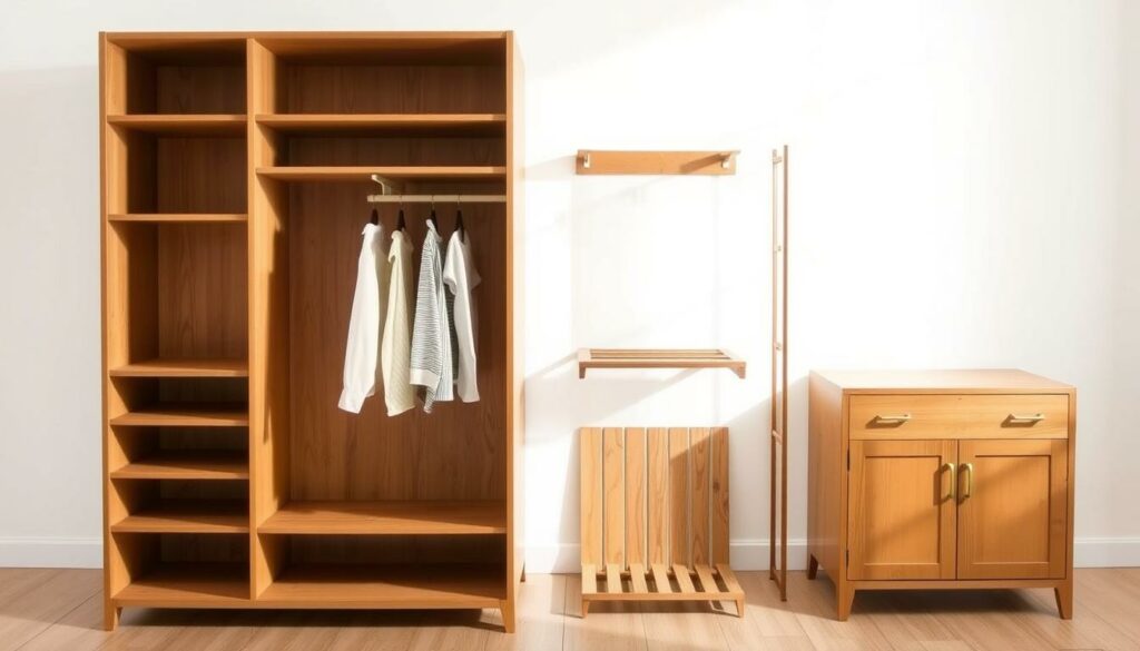 A well-crafted, step-by-step instructional guide for building a custom wardrobe from a sideboard and wooden slats. Showcased against a bright, airy backdrop, the image features a detailed, exploded view of the wardrobe components - the sideboard, shelves, hanging rods, and wooden slats - positioned in a clean, organized arrangement. Soft, natural lighting accentuates the warm wood tones and clean lines, creating a sense of simplicity and practicality. The overall mood is one of approachability and clarity, inviting the viewer to envision the process of assembling this functional, DIY storage solution.