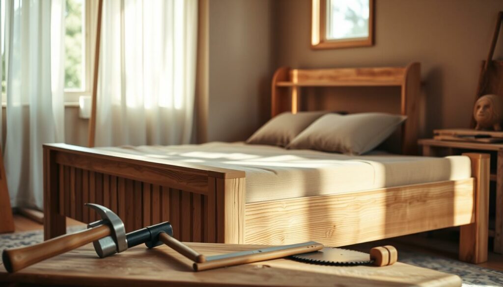 A well-crafted wooden bed frame stands prominently in a cozy, sun-dappled bedroom. Carefully sanded and stained planks form the headboard, footboard, and side rails, exuding a rustic, handcrafted charm. Soft, inviting bedding in muted tones complements the natural wood tones. Warm, diffused lighting filters through sheer curtains, creating a serene, relaxing atmosphere. In the foreground, an array of woodworking tools - a hammer, saw, and chisel - hint at the skilled craftsmanship involved in the bed's construction. The overall scene conveys a sense of pride, accomplishment, and the rewarding experience of building one's own furniture.