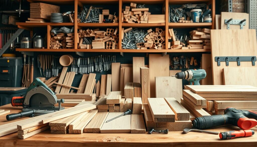 A well-lit, high-resolution photograph showcasing an assortment of DIY project materials. In the foreground, an array of woodworking tools including a saw, hammer, screwdriver, and drill, arranged neatly on a wooden workbench. In the middle ground, various pieces of lumber in different shapes and sizes, both raw and pre-cut, with a focus on natural wood grains and textures. In the background, shelves displaying an assortment of hardware such as nails, screws, hinges, and brackets, all organized and easily accessible. The overall mood is one of efficiency, craftsmanship, and preparedness, conveying the sense that the viewer has everything they need to embark on a successful DIY project.