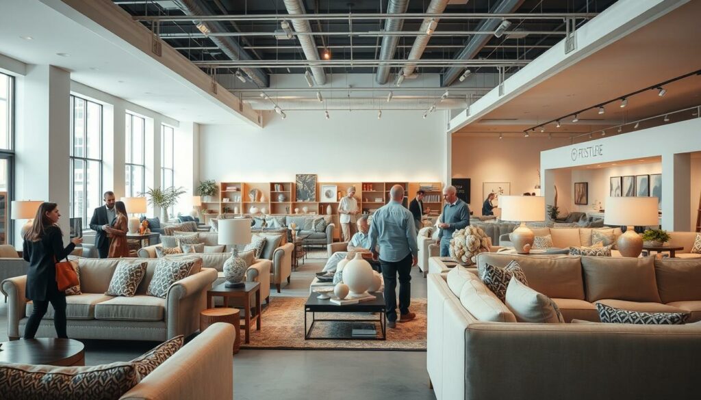 A well-lit, spacious furniture showroom with a warm, inviting atmosphere. In the foreground, a group of customers browsing through a variety of stylish, high-quality home furnishings, including sofas, armchairs, and coffee tables. The middle ground features a display of decorative accessories, such as vases, artwork, and textiles, creating a cohesive and visually appealing display. The background showcases a clean, minimalist design with large windows allowing natural light to flood the space, and subtle branding elements like a discreet logo or signage. The overall mood is one of exploration, discovery, and a sense of finding hidden gems within the furniture emporium.