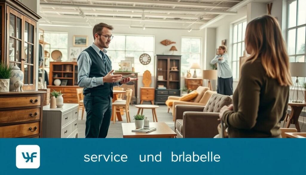 A well-lit, warm and inviting interior of a "Möbelfundgrube" furniture store. In the foreground, a knowledgeable sales associate is engaged in an attentive conversation with a customer, gesturing towards a selection of high-quality, vintage-inspired furniture pieces. The middle ground features tastefully arranged displays showcasing the store's eclectic inventory - from rustic farmhouse dressers to mid-century modern armchairs. The background is filled with natural light streaming in through large windows, casting a cozy glow over the space and highlighting the store's dedication to personalized service and curation. The overall scene conveys a sense of expertise, comfort and discovery, reflecting the "Service und Beratung" aspect of the Möbelfundgrube experience.