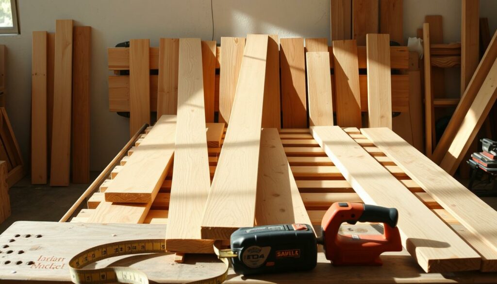 A well-lit workshop scene, with an array of wooden planks neatly arranged on a sturdy workbench. The planks are of varying lengths and widths, carefully selected and prepared for the next stage of a DIY bed-building project. Soft shadows cast by natural lighting create depth and dimension, highlighting the textural details of the wood grain. In the foreground, woodworking tools such as a tape measure, saw, and sander are meticulously positioned, ready to be utilized. The overall atmosphere conveys a sense of focused preparation, where the careful attention to detail will ensure a successful outcome for the upcoming construction phase.