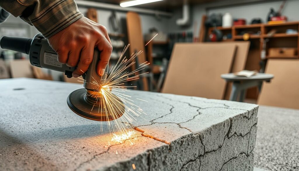 A workshop scene with a focus on common mistakes in grinding reinforcement mortar. In the foreground, a worker's hands improperly holding an angle grinder, sparks flying. In the middle ground, a cracked and uneven mortar surface, illustrating the consequences of improper grinding technique. The background shows a well-lit, industrial workshop setting with various tools and equipment. The lighting is harsh and direct, emphasizing the technical nature of the task. The overall mood conveys a sense of caution and the need for precision when grinding reinforcement mortar to avoid common errors.