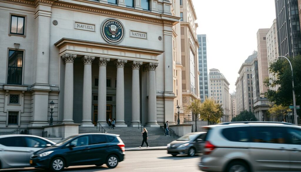 An authoritative-looking government building with a grand facade, ornate columns, and a prominent seal or crest above the entrance. The building is set against a backdrop of a bustling city streetscape, with people walking by and vehicles passing in the foreground. The lighting is crisp and the scene has a sense of official gravitas, suggesting the importance of the processes and regulations governing specialized trades and professions that require permits or licenses to operate. The overall composition conveys the idea of a central administrative hub overseeing the administration of regulated commercial activities.