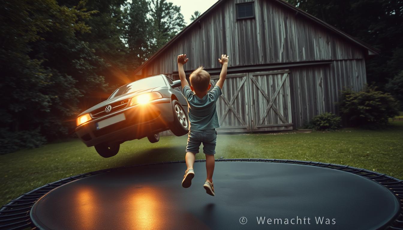 Auto erfasst Kind auf Trampolin und fliegt in Scheune