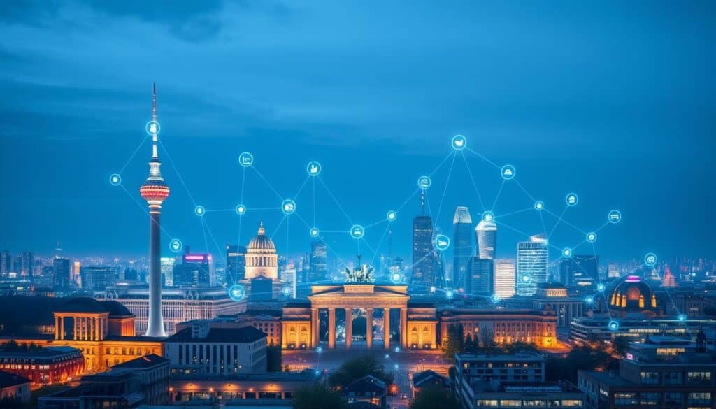 Berliner Skyline mit digitaler Firmenverzeichnis-Überlagerung