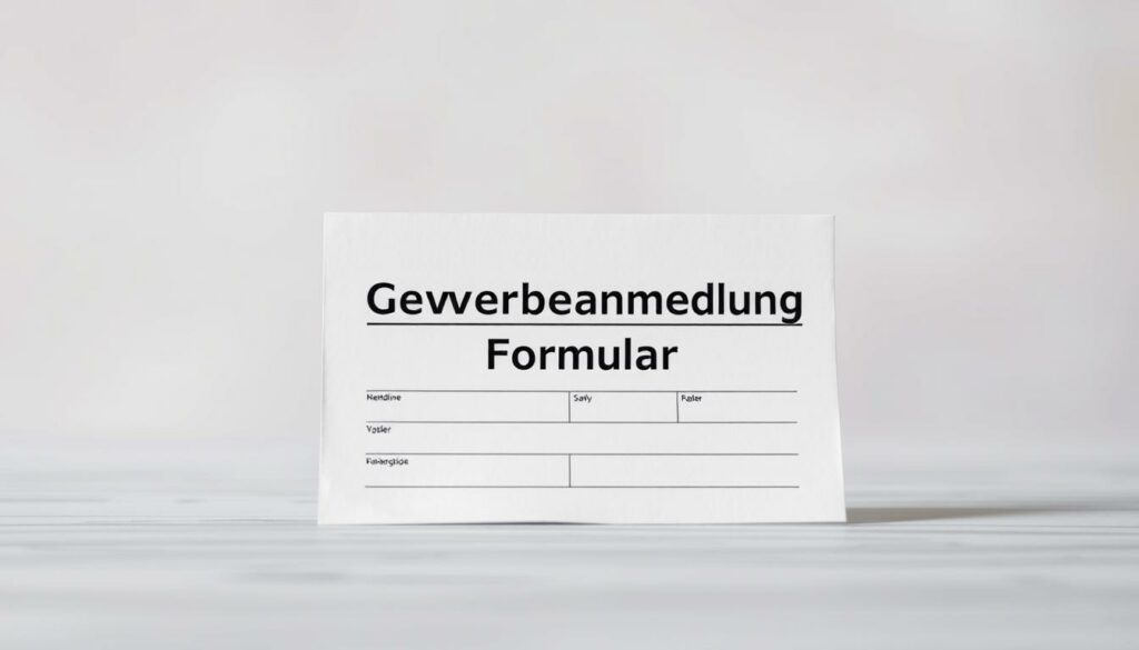 Detailed architectural drawing of a German government form titled "Gewerbeanmeldung Formular" against a soft, blurred background. The form is positioned in the center of the frame, with a clean, minimalist design. The lighting is soft and diffused, creating a sense of professionalism and efficiency. The background is a muted, pastel-colored gradient, allowing the form to be the focal point. The overall composition conveys a sense of bureaucratic order and attention to detail, reflecting the subject matter of the article.