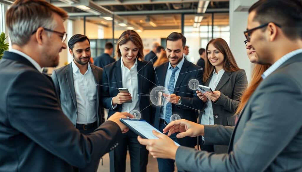 Geschäftsleute in Berlin nutzen ein Firmenverzeichnis für Networking