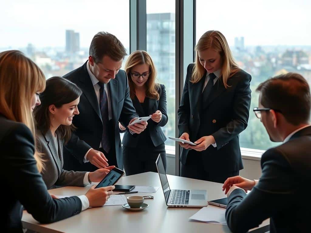 Geschäftsleute in Stuttgart nutzen ein Firmenverzeichnis auf verschiedenen Geräten