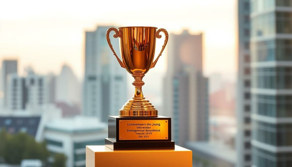 Lichtenberger Unternehmen des Jahres Auszeichnung: a gleaming bronze trophy stands proudly on a sleek podium, its intricate details capturing the essence of entrepreneurial excellence. The lighting casts a warm, golden glow, highlighting the trophy's elegant design and the meticulously crafted plaque bearing the prestigious award title. The background is a softly blurred cityscape, subtly hinting at the vibrant business ecosystem that fostered this remarkable achievement. The composition is balanced, with the trophy commanding the foreground, conveying a sense of prestige and accomplishment. The overall atmosphere exudes a tone of celebration, professionalism, and the pride of the Lichtenberg business community.