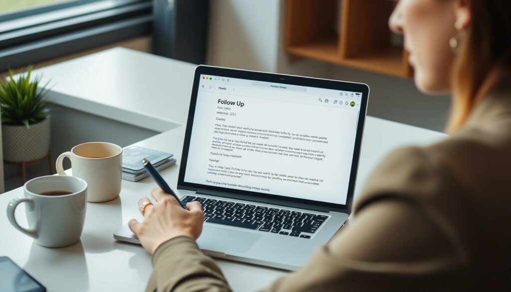 Person schreibt Follow-up E-Mail nach Vorstellungsgespräch Person schreibt Follow-up E-Mail nach Vorstellungsgespräch