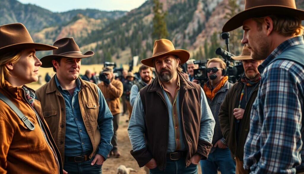 A behind-the-scenes glimpse into the lives of the acclaimed Yellowstone cast. In the foreground, actors in costume converse and prepare for their scenes, their expressions a mix of focus and camaraderie. The middle ground reveals the bustling film crew, cameras and lighting equipment poised to capture the unfolding drama. In the background, the rugged Yellowstone landscape provides a majestic backdrop, hinting at the show's cinematic grandeur. The lighting is soft and natural, with warm tones reflecting the actors' warmth and the crew's dedication. The overall mood is one of creative energy, professionalism, and the thrill of bringing this beloved television series to life.