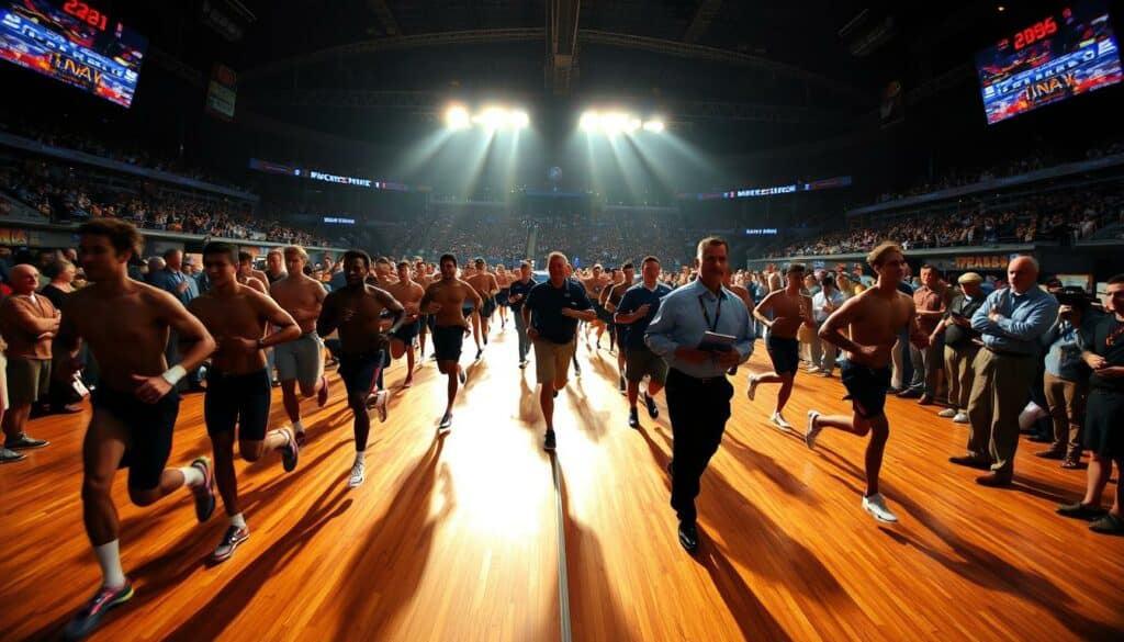 A bustling 2011 NFL Draft Combine, captured in a dynamic wide-angle shot. The expansive indoor arena is bathed in warm, dramatic lighting, casting long shadows across the polished hardwood floor. In the foreground, a group of elite prospects jog side-by-side, their physiques on full display as they showcase their speed and agility through a series of timed drills. In the middle ground, coaches, scouts, and team executives observe intently, clipboards in hand, evaluating each player's potential. The background is filled with the energy of the event, with spectators lining the sidelines, cheering on the aspiring pro athletes. The overall atmosphere conveys the high-stakes intensity and excitement of this pivotal moment in an NFL hopeful's career.