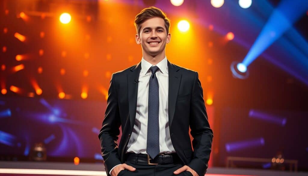 A charismatic young man with an energetic stage presence, dressed in a sharp suit and tie, standing confidently on a brightly lit television studio set. The lighting is warm and flattering, creating a sense of drama and excitement. The camera angle is slightly low, emphasizing the coach's authoritative and commanding presence. The background is blurred, but hints at the high-tech production values of a popular talent show, with glossy panels and stage lighting visible. The overall mood is one of professionalism, enthusiasm, and the thrill of discovering and nurturing young musical talent.
