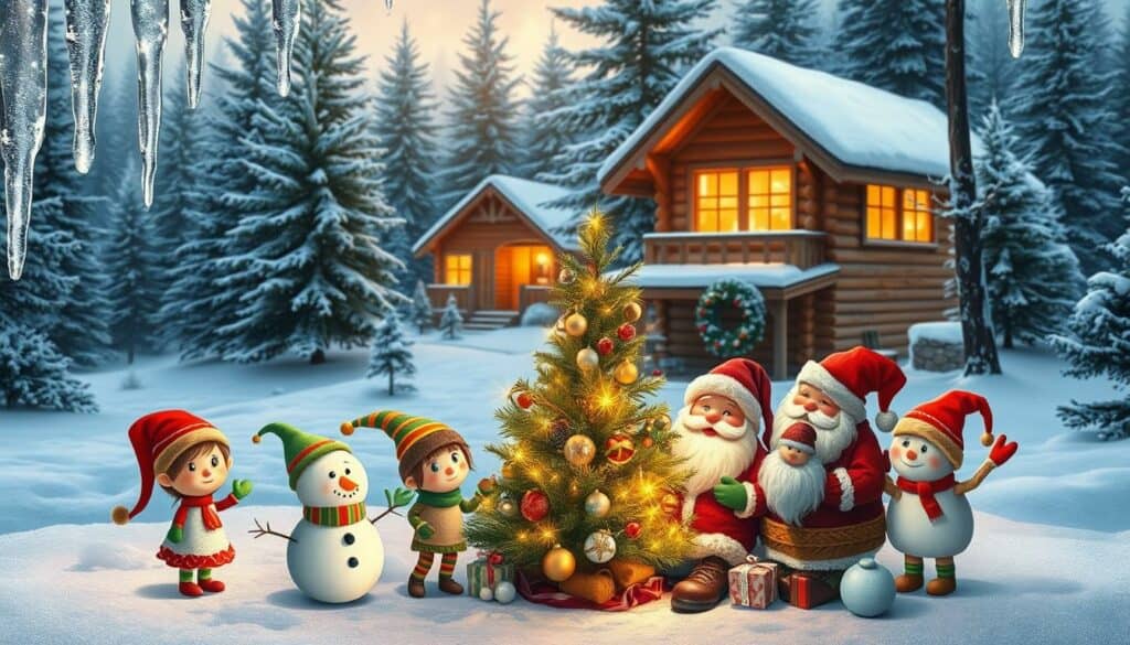 A charming winter wonderland scene, showcasing a collection of delightfully designed Christmas e-cards. In the foreground, a group of whimsical characters - playful elves, jolly snowmen, and a cozy Santa Claus - gather around a festively decorated tree, their expressions brimming with holiday cheer. The middle ground features a serene snowy landscape, with glistening icicles and a gently falling dusting of snow. In the background, a warm and inviting log cabin nestled among towering pine trees, its windows aglow with the soft light of the season. The overall mood is one of enchantment and festive magic, perfectly capturing the essence of a delightful digital Christmas greeting.